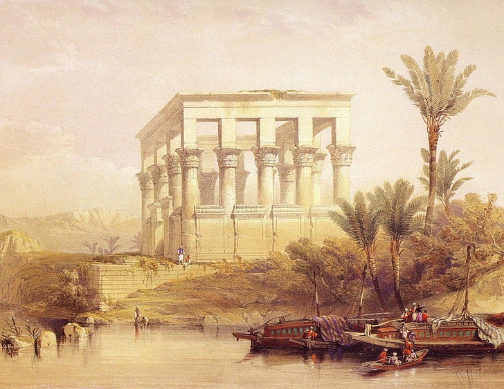 David Roberts, Egypt, painting, boat, palm trees, plant, architecture