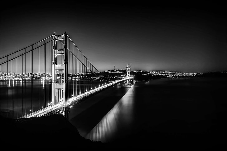 bay, bay city, black bridge, black and white, city by the bay, HD wallpaper