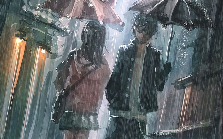 Hd Wallpaper Artwork Rain Umbrella Street Anime Boys Women