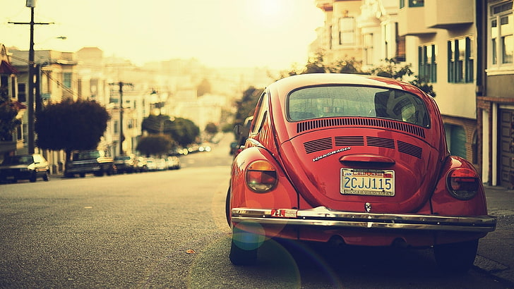 red Volkswagen Beetle coupe, red Volkswagen Beetle Type 1 parked on gray concrete road, HD wallpaper