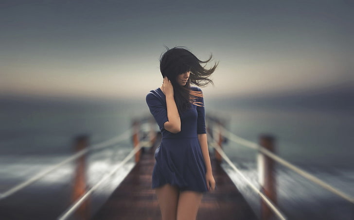 women's black mini dress, timelapse photograph of woman walking on dock, HD wallpaper