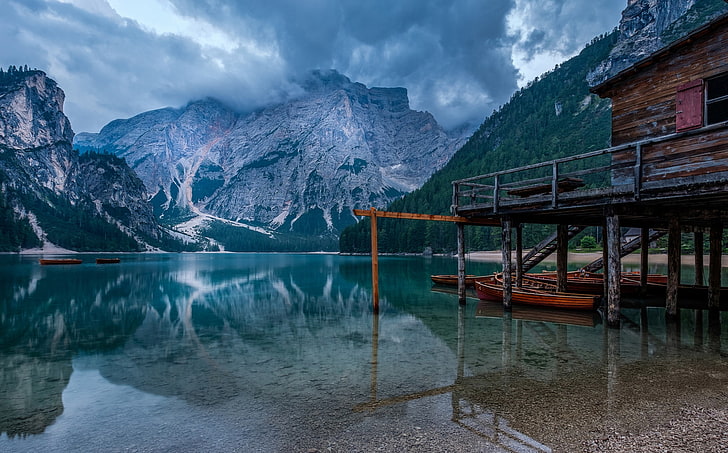 mountains, reflection, nature, water, lake, boat, scenics - nature, HD wallpaper