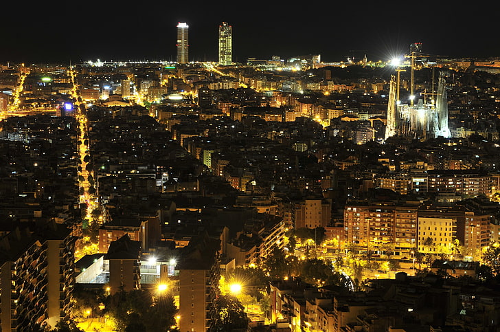 barcelona, cities, houses, megapolis, night, spain