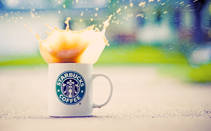 white Starbucks ceramic mug, coffee, splashes, cup, drink, food and drink