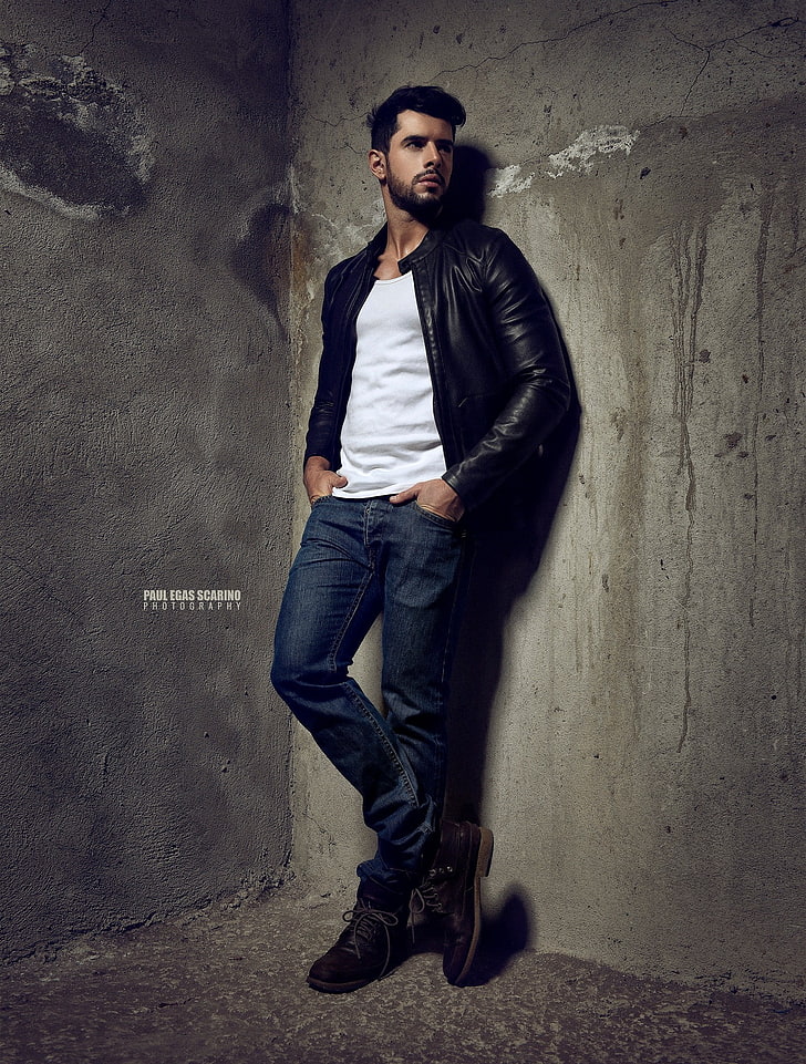 Paul Egas Scarino, men, 500px, jeans, model, leather jackets, HD wallpaper