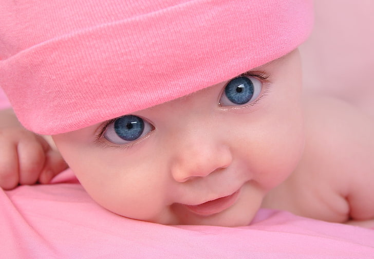baby's pink cap, blue eyes, face, cute, hat, child, small, innocence, HD wallpaper