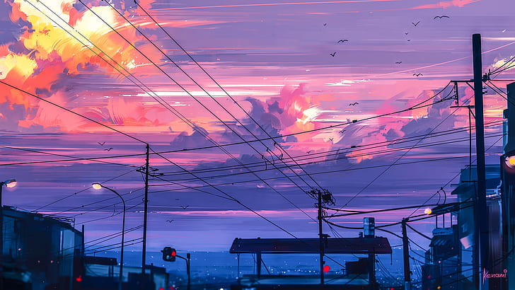 birds, posts, wire, the evening, traffic light, twilight, art, HD wallpaper