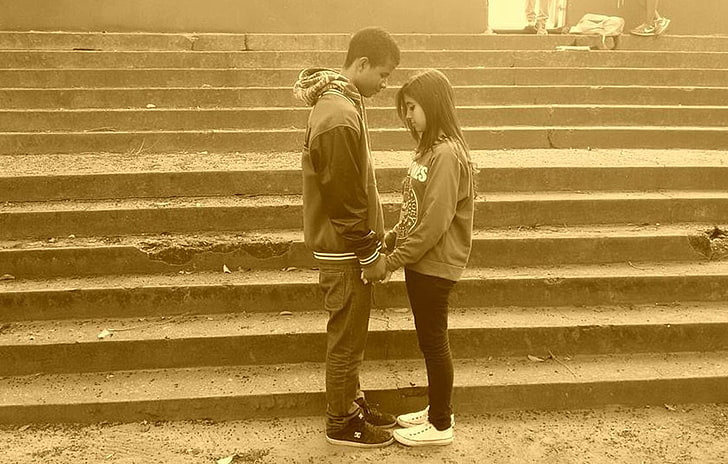 schoolgirl, Brazilian, couple, sepia, lovers, staircase, togetherness