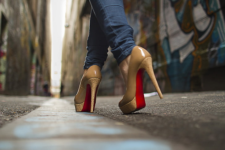 beige Christian Louboutin cork heeled shoes, macro, street, boots