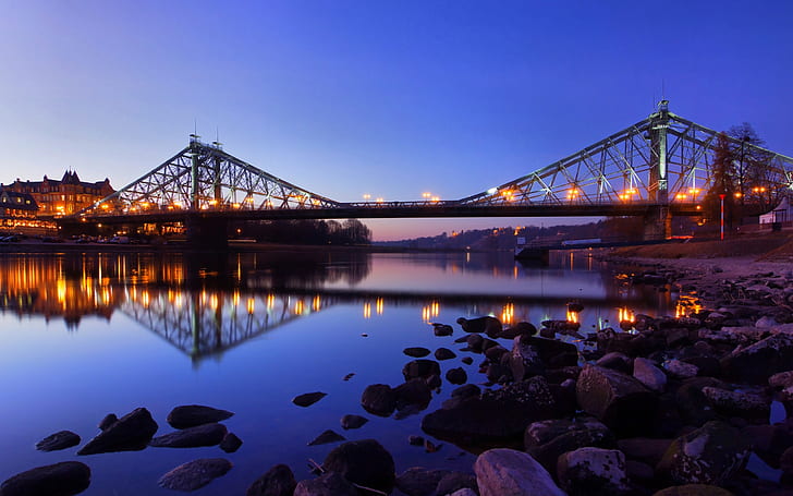 Bridge, river, stones, night, illumination, gray metal full suspension bridge