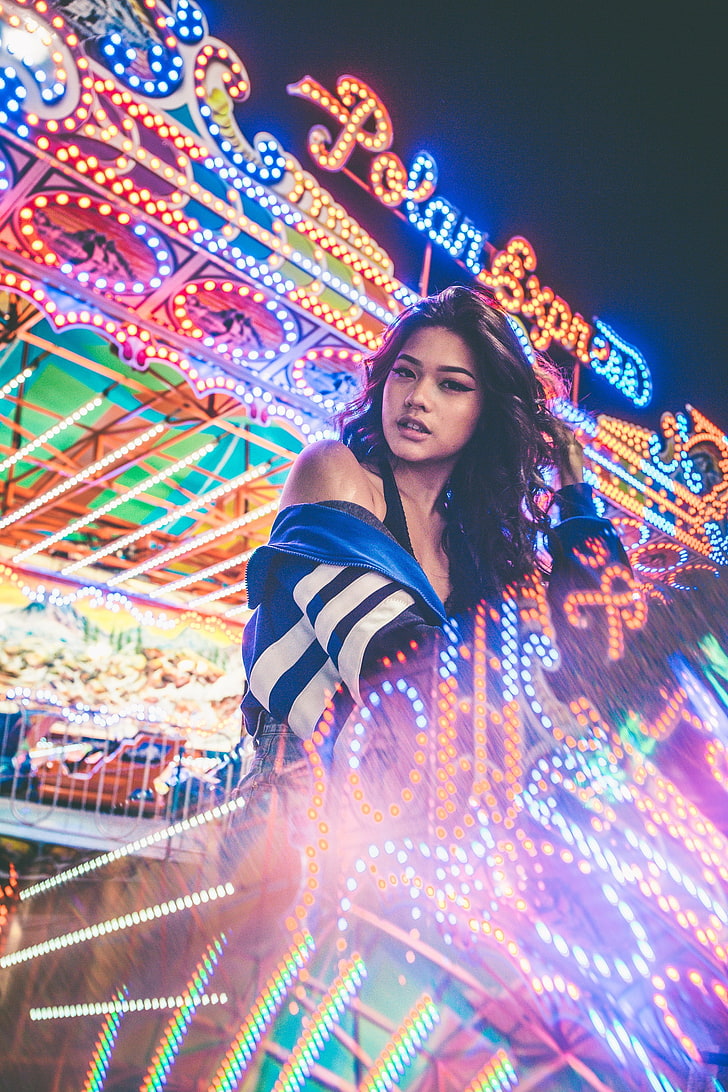 Carnival, women, warm colors, neon, neon lights, one person