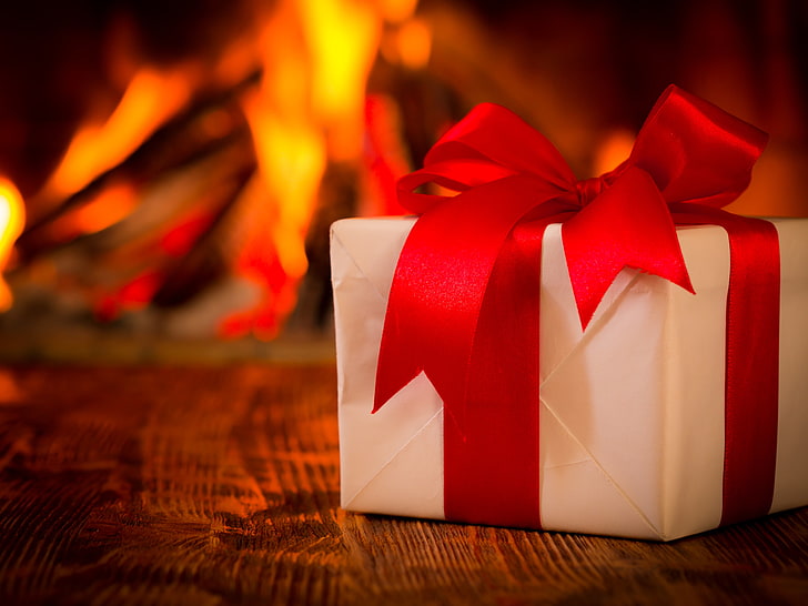 white and red gift box, New Year, Christmas, tape, fire, fireplace, HD wallpaper