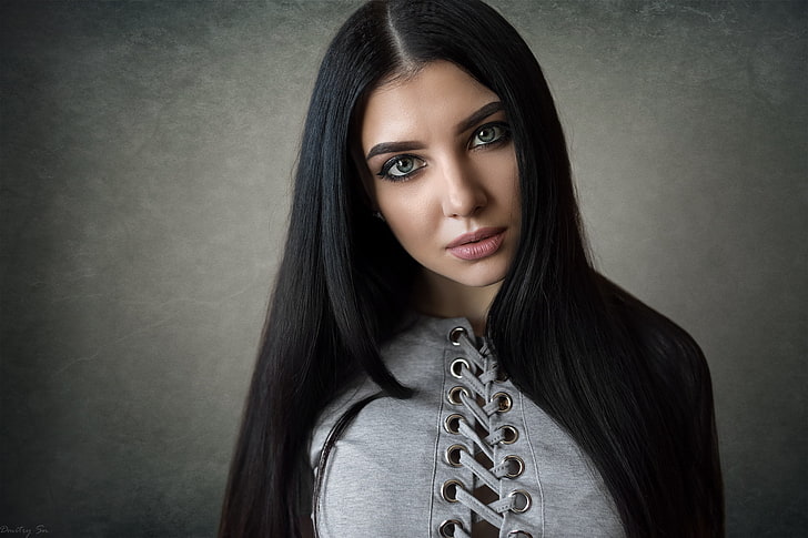 women, face, portrait, black hair, simple background, Dmitry Shulgin