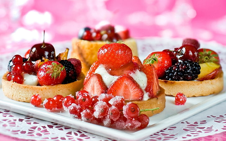 pastries on plate, cakes, desserts, tarts, sweet, berries, currants
