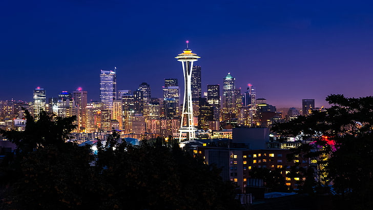 silhouette of trees, city, Seattle, Space Needle, building exterior, HD wallpaper