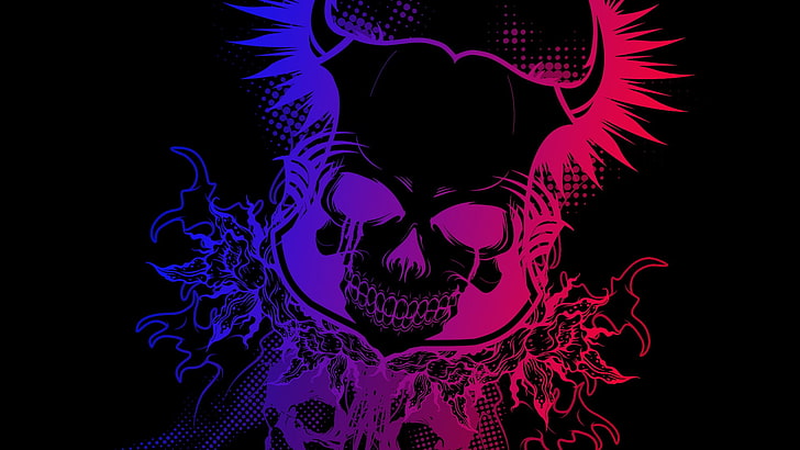 black, pink, and blue skull illustration, colorful, gradient