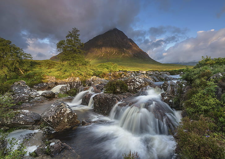 river beside mountain under blue sky, highland, highland, Dawn, HD wallpaper
