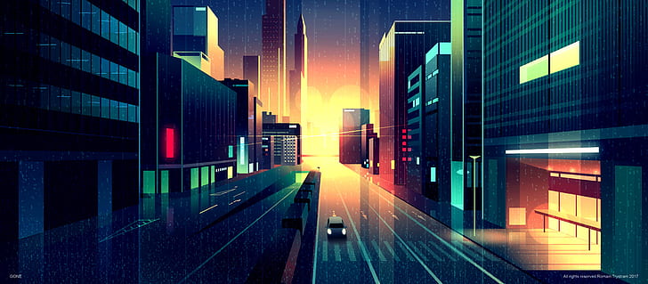 Romain Trystram, drawing, city, rain, car, street, city lights
