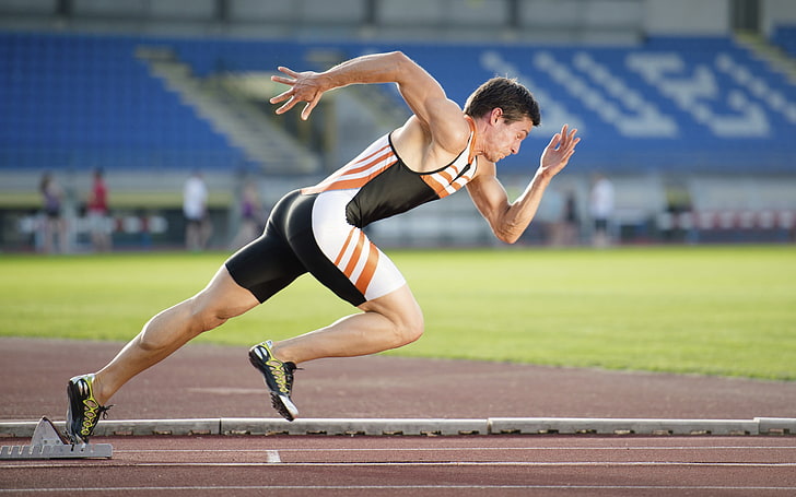 Sprinter Game Athlete Running Man, men's black and orange tank top
