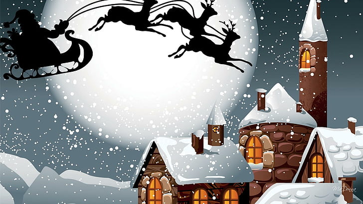 Christmas Trip, full moon, st nick, sleigh, evening, reindeer, HD wallpaper