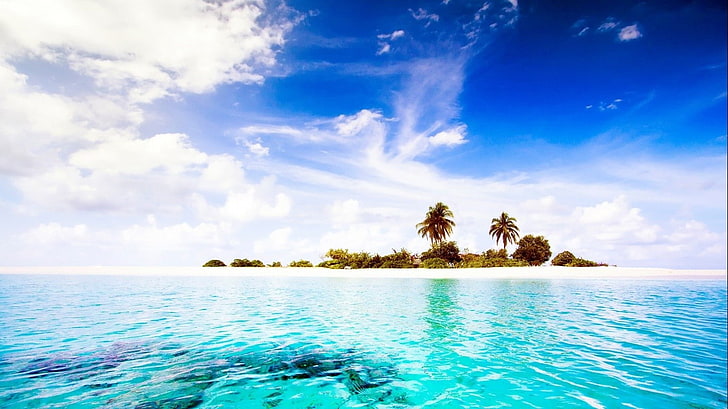 clouds, Dhiggiri Island, Maldives, nature, Palm Trees, sea, HD wallpaper