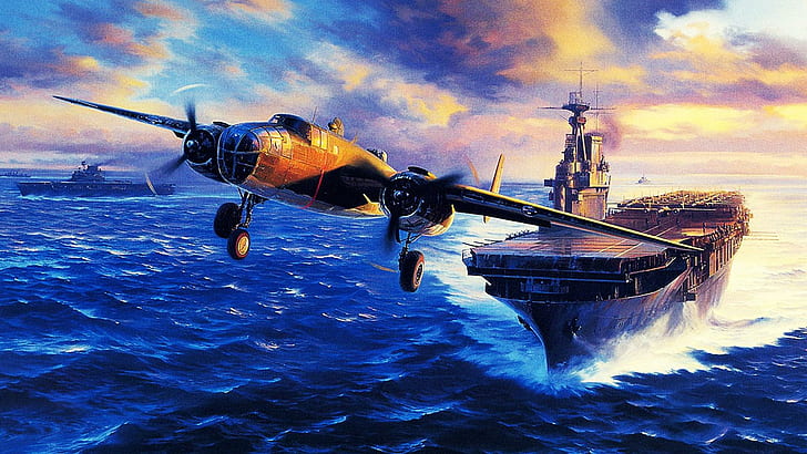 B25 Mitchell Going To Bomb Japan, plane, fleet, aircraft carrier, HD wallpaper