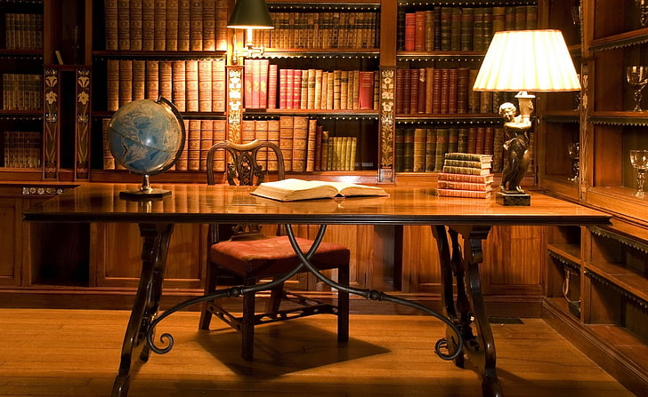 Antique Library Desk, rectangular brown wooden table, Vintage