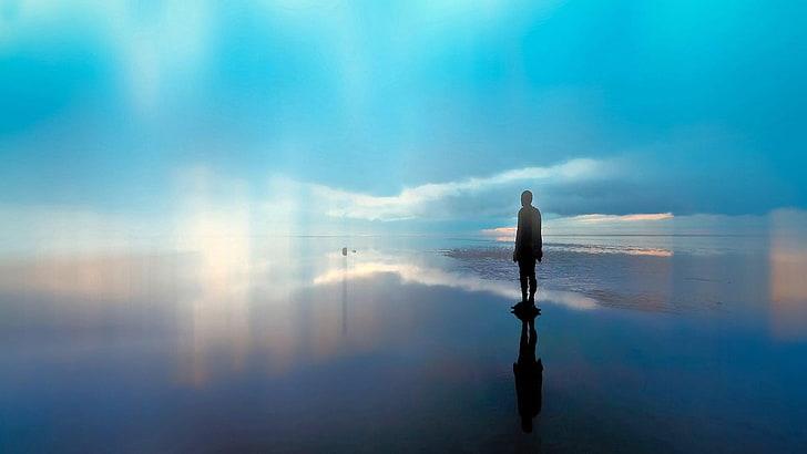 bleu, sea, sun, purpel, male, waterscape, sky, life, reflection, HD wallpaper