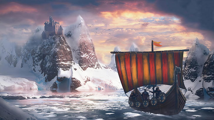 digital art, Drakkar, Vikings, castle, snow, cold, ice, water