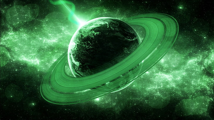 green planet with ring digital wallpaper, the universe, planet - Space