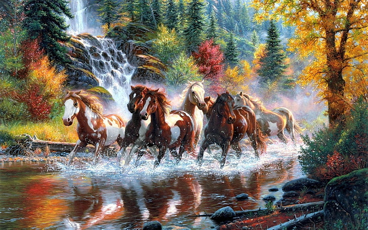 white and brown horses illustration, fall, waterfall, artwork