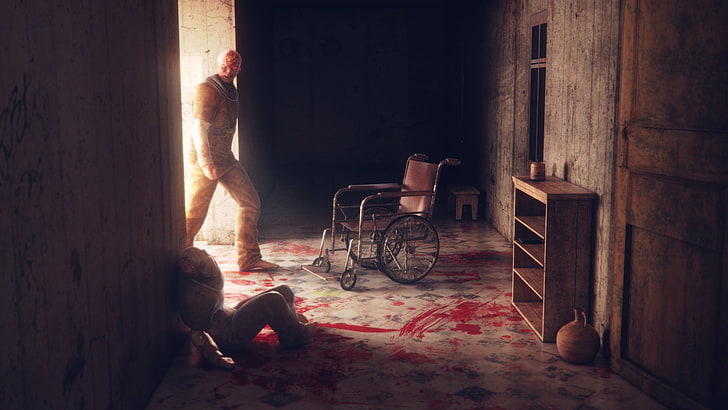 animated man standing near wheelchair wallpaper, death, blood