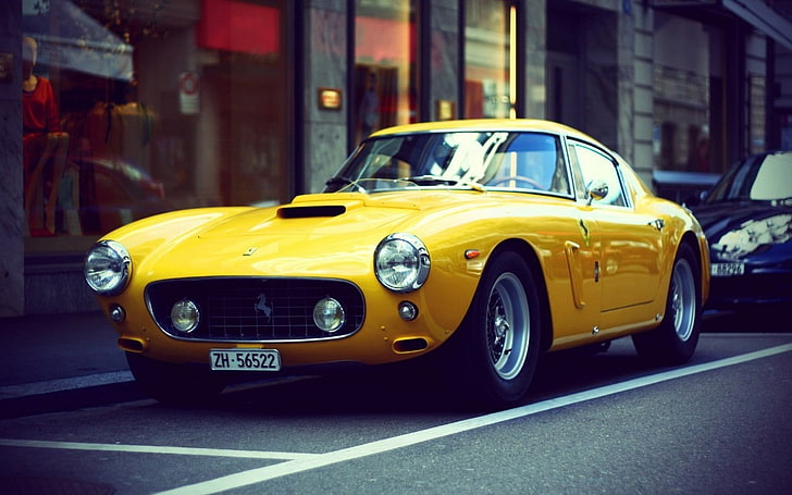 classic yellow Ford Mustang coupe, Ferrari, car, yellow cars