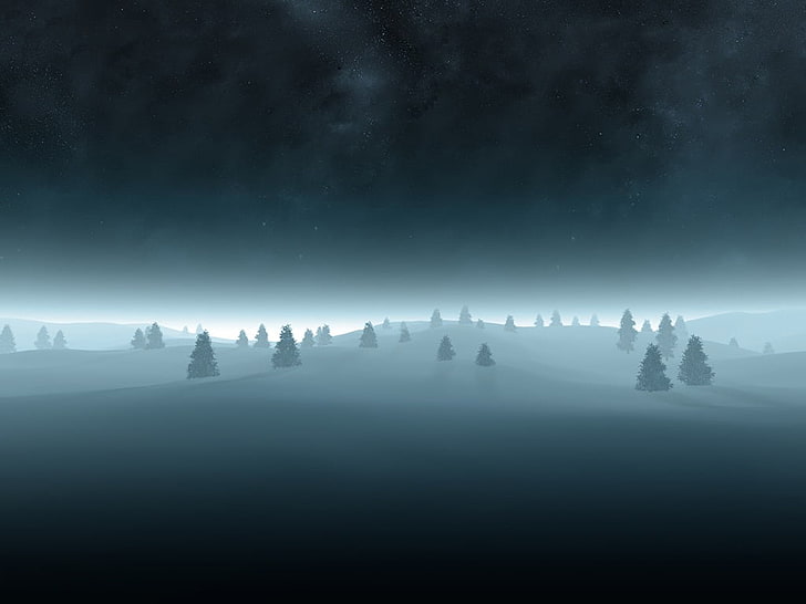 snowy trees, artwork, night, nature, sky, scenics - nature, tranquil scene, HD wallpaper