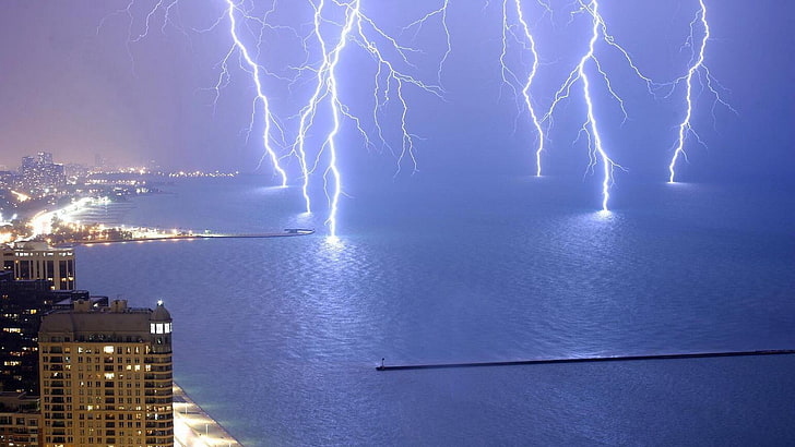 body of water, storm, sea, blue, nature, night, lightning, power in nature