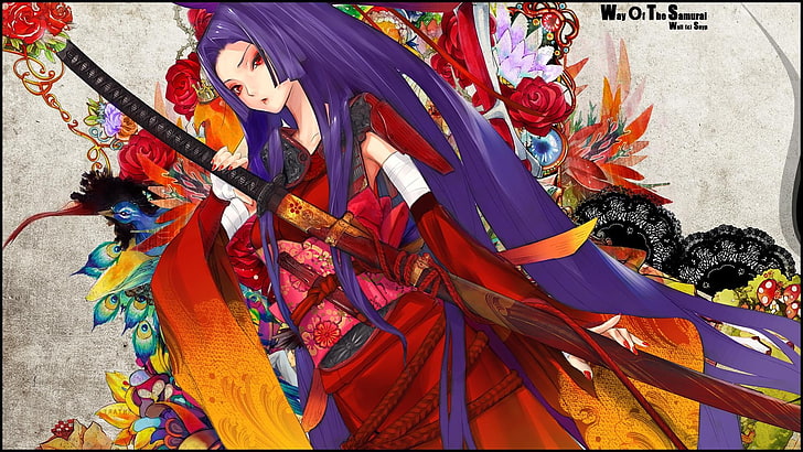 purple haired woman illustration, anime, traditional clothing, HD wallpaper