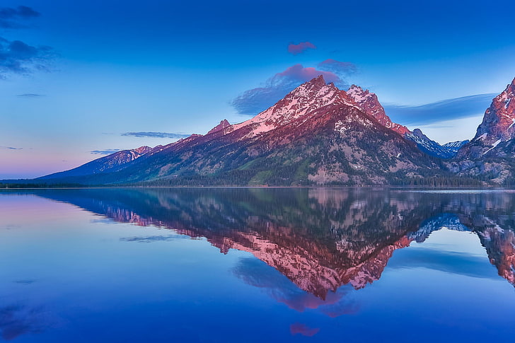 mountains, lake, reflection, snowy peak, water, blue, forest, HD wallpaper