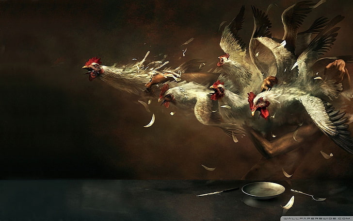 six white chickens, painting, artwork, birds, flying, feathers