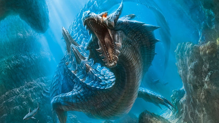 blue dragon wallpaper, underwater, Monster Hunter, sea, animal wildlife, HD wallpaper