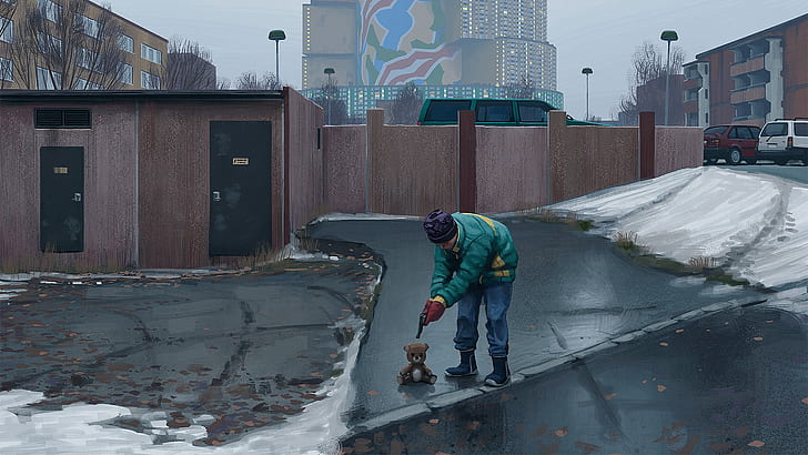 snow, Simon Stålenhag, teddy bears, revolver, gun, car, city, HD wallpaper