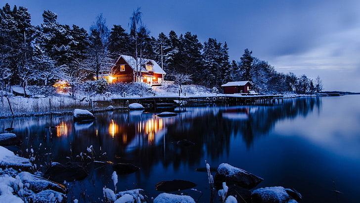 Cabin, landscape, night, snow, space, Sweden, winter, illuminated, HD wallpaper