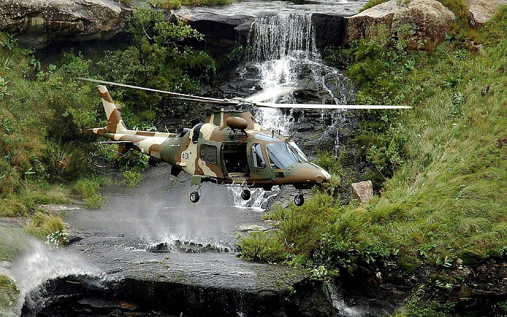 brown and green camouflage helicopter, helicopters, waterfall