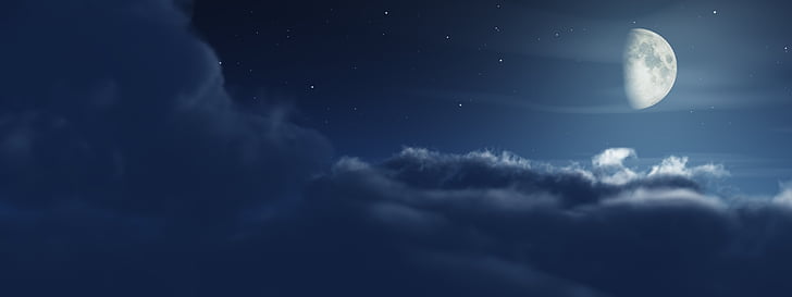 clouds, dual, monitor, moon, multi, night, screen, stars