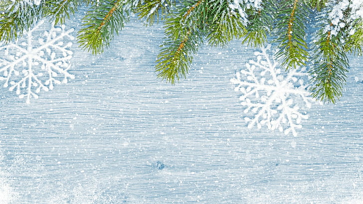 Christmas tree, snow, winter, white snowflakes, wood, New Year, HD wallpaper