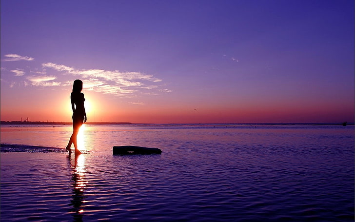 silhouette of woman, sea, girl, walk, sky, sunset, women, beach, HD wallpaper