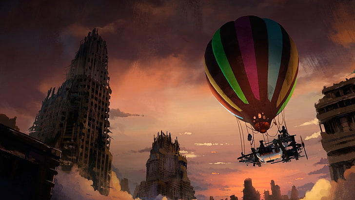 multicolored hot air balloon, artwork, fantasy art, apocalyptic