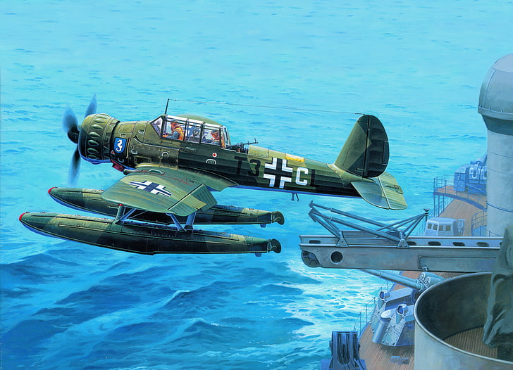 ship, art, military, catapult, German, single-engine, WW2, Arado Ar 196, HD wallpaper