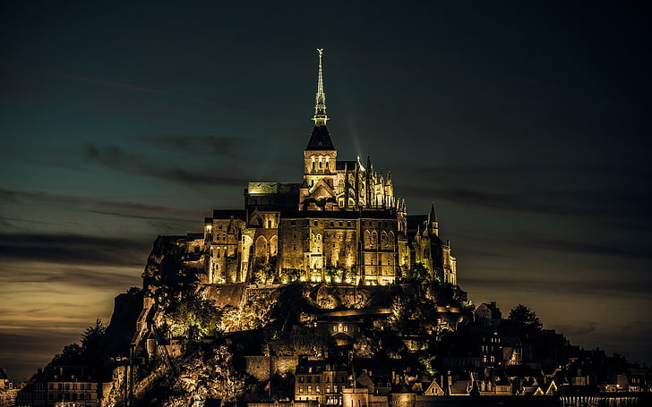 Mont Saint-Michel, monastery, Abbey, city lights, town, night, HD wallpaper