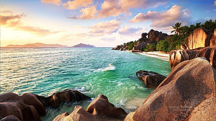Seychelles Beach, beach, water, indian-ocean, clouds, rocks, HD wallpaper