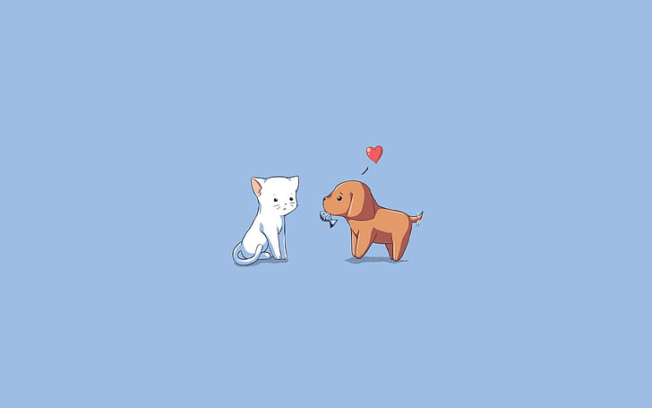cat and dog illustration, kitten, puppy, drawing, heart, vector, HD wallpaper